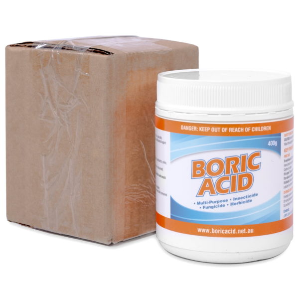 The packaging for a 400g jar of boric acid