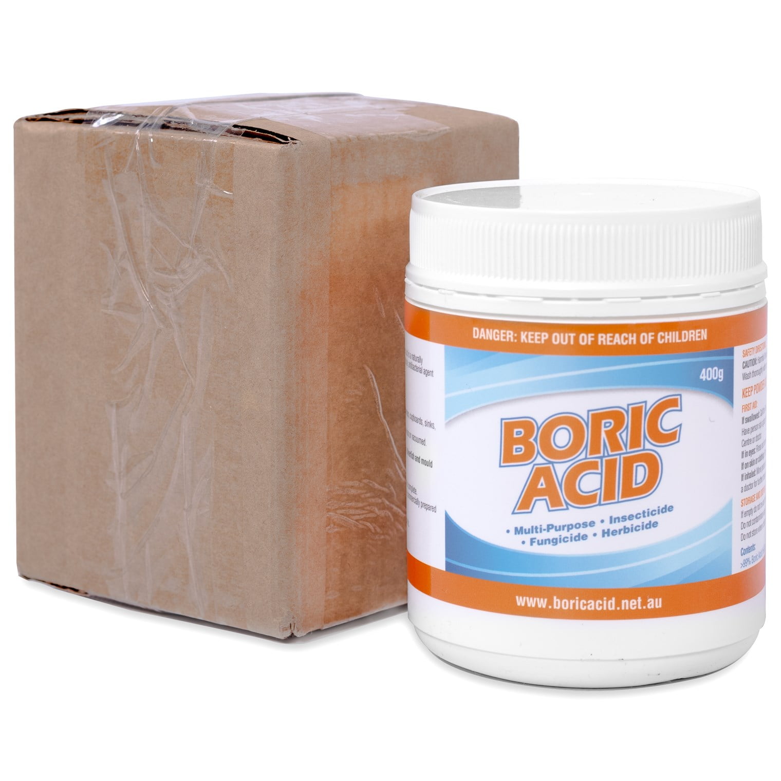 The packaging for a 400g jar of boric acid.