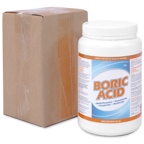 The packaging for a 2kg jar of boric acid